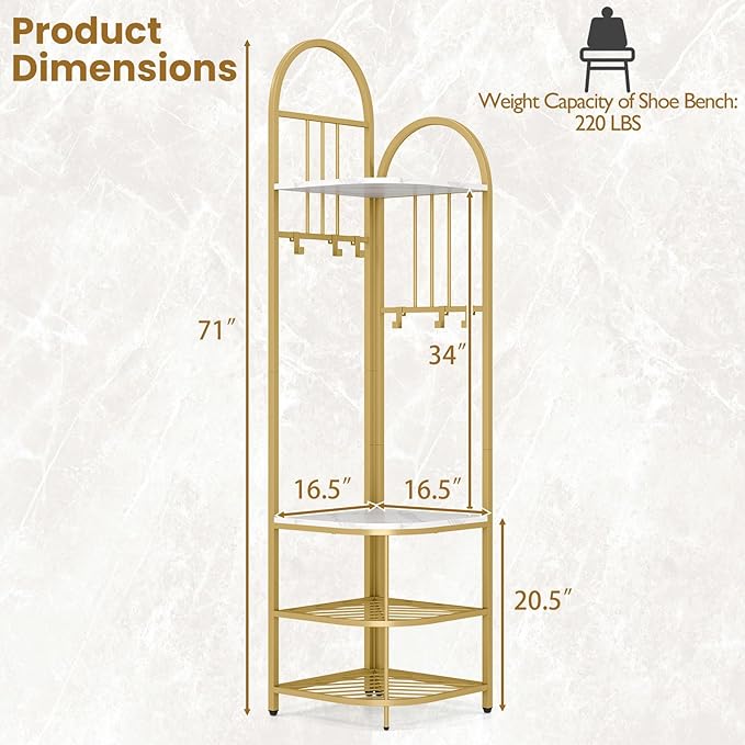 Tangkula Corner Hall Tree, 71 Inch Tall Entryway Coat Rack with Shoe Bench & 4 Storage Shelves, 6 Movable Hooks, Freestanding Metal Corner Clothes Rack for Bedroom Hallway Living Room