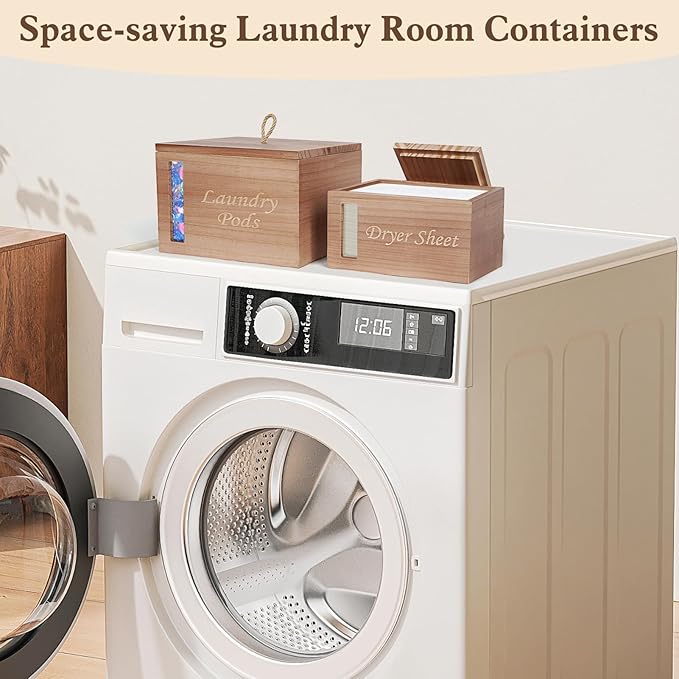 2 Pcs Wood Rustic Dryer Sheet Holder with Lid Laundry Pods Container with Window, Wooden Laundry Room Organization Storage for Laundry Room Decor and Accessories-Walnut brown