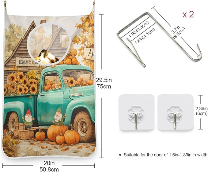 Thanksgiving Truck Pumpkin Orange Hanging Laundry Hamper Door Hampers Bag Basket with Stainless Steel Hooks Oxford Fabric Printing Decorative Clothes Bags 29.5X20inch 2Pack