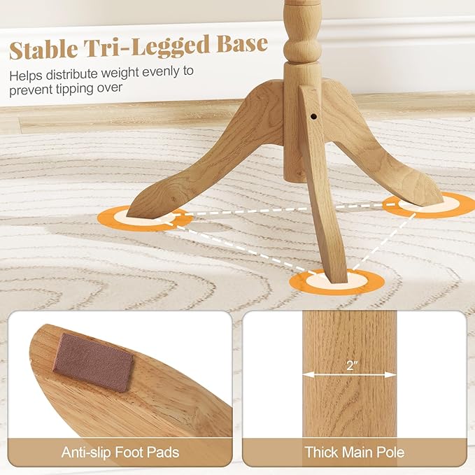 Tangkula Coat Rack Freestanding, Solid Rubber Wood Coat Tree with 11 Hooks and 3 Height Options for Coats, Hats, Bags, Purses, Clothes, Hanger Stand for Entryway Hallway Bedroom Office (Natural)