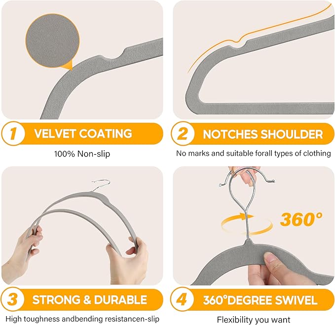 HealSmart 30 Pack Heavy Duty Velvet Hangers, Non-Slip Flocked Felt Hangers with Shoulder Notches, Hangers for Coats, Pants and Dress Clothes, Grey
