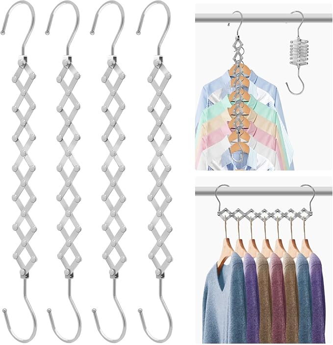 4 Pack Space Saving Hangers for More Than 28 Clothes, Extendable Standard Hangers for Closet, Foldable and Portable, Space Savers for Closet Organizers and Storage, Dorm Room Essentials