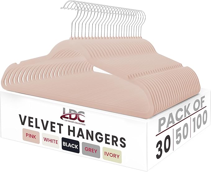 LDC Pink Velvet Hangers 30 Pack - Premium Non-Slip Clothes Coat Pants Felt Hanger for Closet - Heavy Duty Space Saving 360° Swivel Hook Hangars - Pink