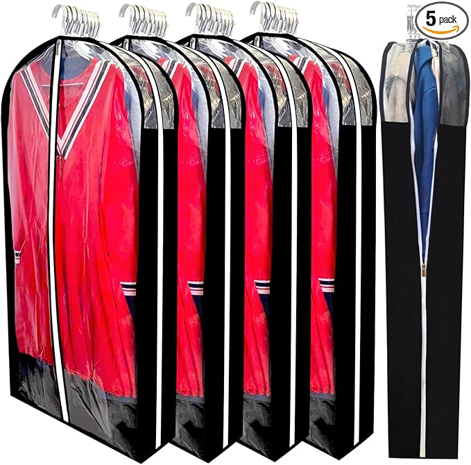 6.3"Gusseted Garment Bags for Hanging Clothes with Dual Zippers- Full Clear Front & Sides PEVA,50"Breathable Dust-proof Waterproof Dress Covers for Closet Storage,Travel,Moving,Black,5 Pack