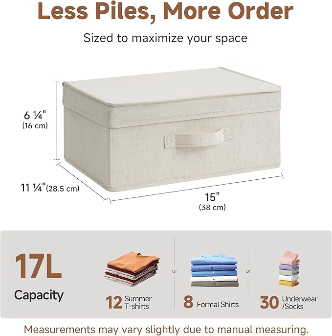 StorageWorks Closet Storage Bin with Lids, Decorative Storage Boxes with Handle, Fabric Storage Bins for Clothes, 15" x11¼x 6¼", Beige, 2-Pack