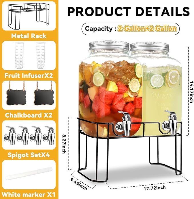2 Gallon Glass Drink Dispensers For Parties，Lemonade Beverage Dispenser With Stand And Spigot For BBQ, Picnic, Party,Laundry Detergent Dispenser
