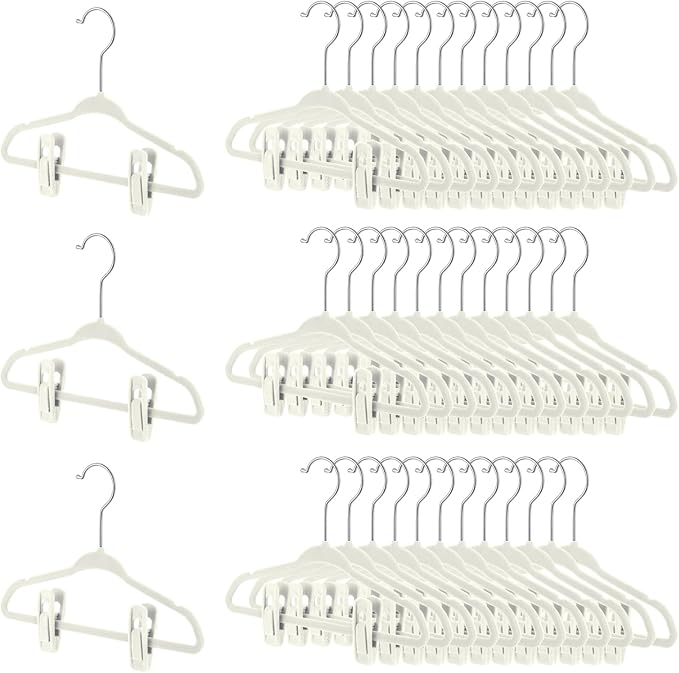 Soaoo 50 Pack Premium Baby Velvet Hangers with Adjustable 100 Clips, Non Slip 11 Inch Slim Kids Closet Organizer for Pants, Dresses & Matching Outfits, Nursery & Toddler Wardrobe (Beige)