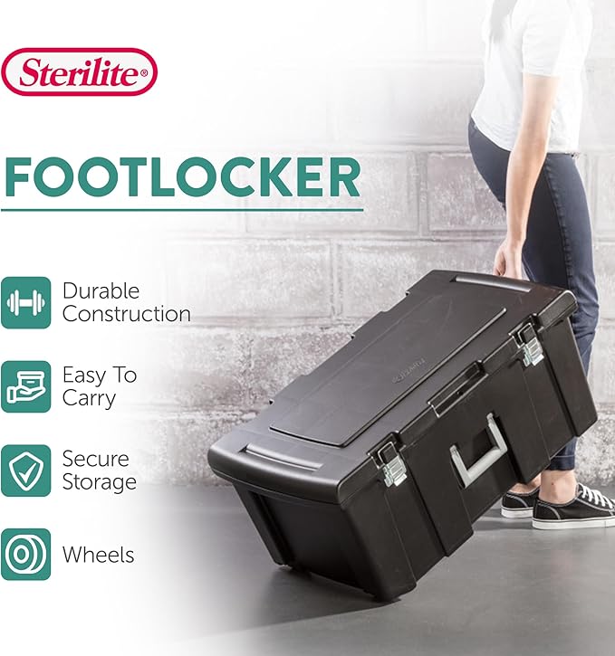 Sterilite 2-Pack Footlocker, Lockable Plastic Utility Storage Container Box, Black - Heavy-Duty Organizing Containers for Home, Garage, Office, and Basement