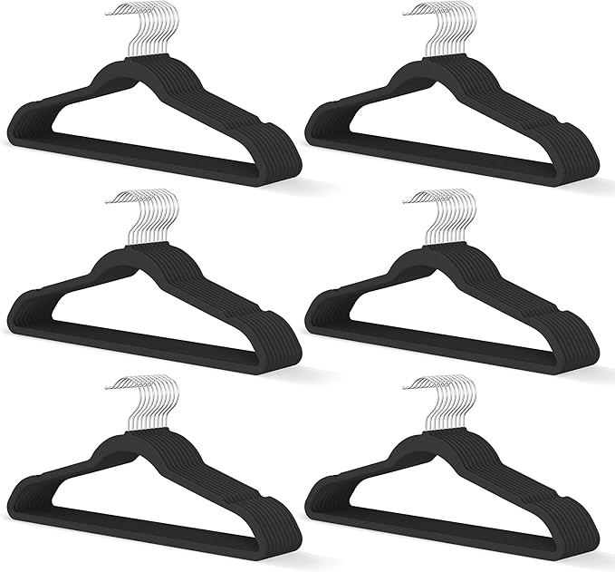 Black Velvet Hangers 60 Pack, Slim Space Saving Suit Hangers for Closet Organizer, Rotating Silver Hook, Non Slip Clothes Felt Hanger Heavy Duty for Coat,Shirt, Pants, Camisole, Dress