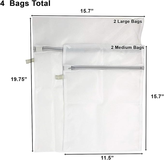 4 Pack - HUJI Micro Mesh Laundry Bags Lingerie Bra Underwear with Secure Zipper Great For Washing Face Masks (2 Medium & 2 Large)