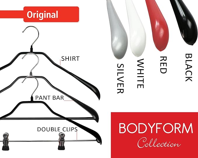 Mawa by Reston Lloyd BodyForm Series Non-Slip Space-Saving Clothes Hanger with Bar for Pants, Style 42/LS, 16-1/2", Set of 6, Black