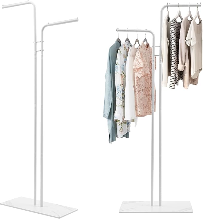67in-White Clothing Rack with Base, Double Rod Freestanding Coat Rack Hanging Clothes, Bags, Hat and Shoes for Entryway Bedroom Garment Organizer, Clothing Stores Boutique Retail, Studio