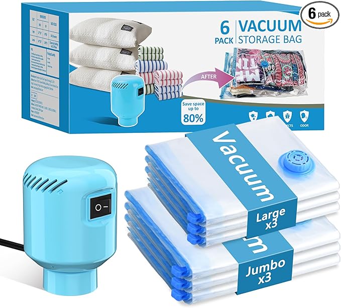 Vacuum Seal Bags for Clothing Travel, 6 Pack Space Saver Vacuum Storage Bags with Electric Pump,Portable Compression Sealer for Clothes, Blankets, Bedding & Travel,Good for Storage and Organization