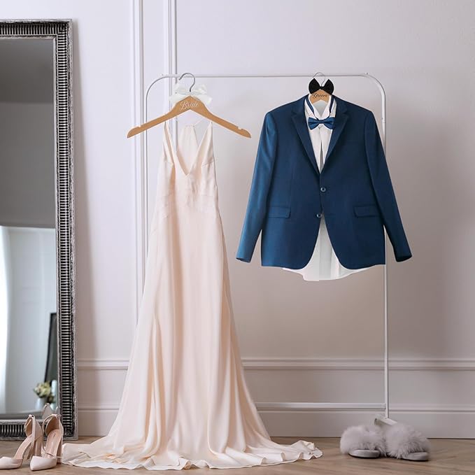 3 Pcs Bride and Groom Hangers for Dress Suit with Clips Wedding Wooden Hanger with Bow Tie for Mr and Mrs Shirt Tuxedo Suit Bridal Wedding Gift Bridesmaid Party Shower(Wood Color)