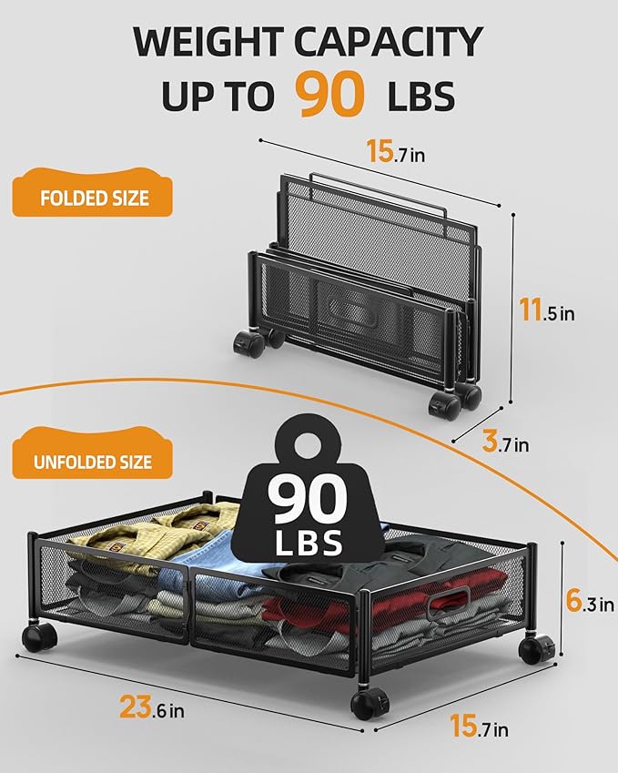 Under Bed Organizer, Storage Bins Under Bed, 60L Underbed Storage Bins for Bedroom Clothes Shoes Blankets (Black, 4 Pack)