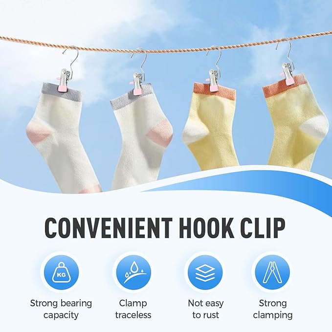Clothes Pins Hanging Clips, 2025 Upgrade Space-Saving Clothespin Hat Pants Storage Hanging Travel Hook, Multifunctional Hanger Hooks Anti Rust Clips for Clothes (20, Blue)