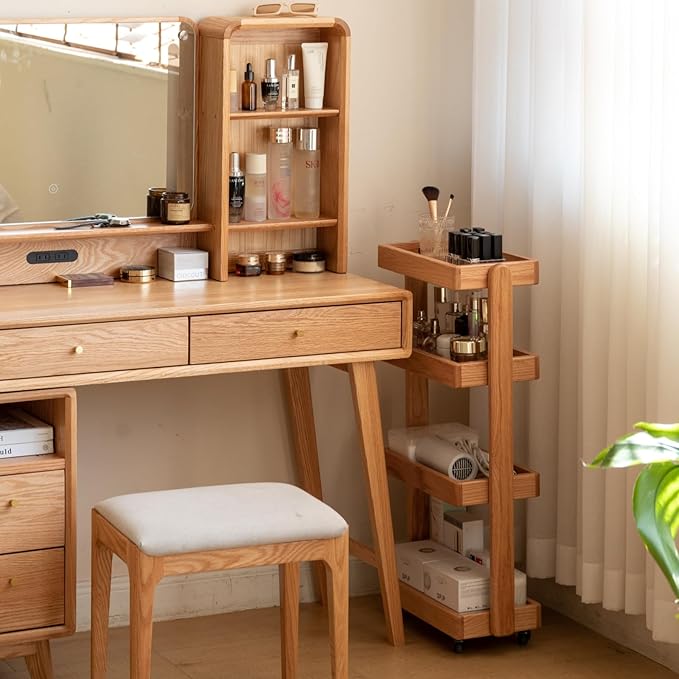100% Solid Oak Art Storage Cart, 4-Tier Rolling Utility Cart with Wheels, Multifunctional Storage Trolley Shelving Unit on Wheels for Living Room Kitchen(Natural, 7.87"D x 23.62"W x 31.89"H)