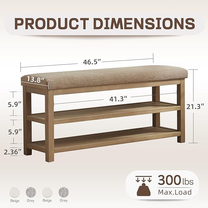 Shoe Rack Bench with Cushion, 2 Tier Solid Wood Storage Bench, Mid-Century Modern Shoe Bench for Entryway, Hallway, Closet, Front Door Entrance, Foyer (Brown, 46.5")