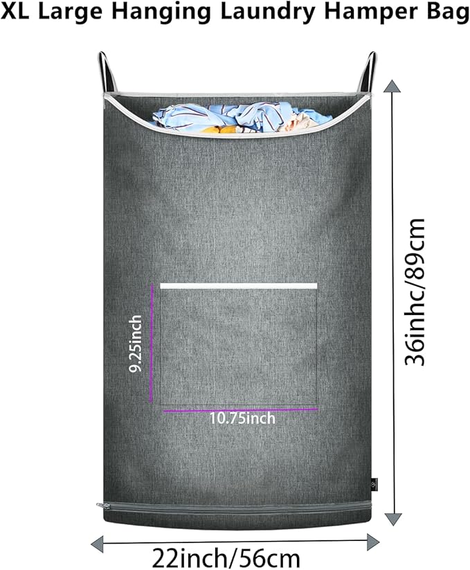 XL Hanging Laundry Hamper, Over the Door Laundry Hamper and Baskets, Wide Opening Hanging Laundry Bag,Hanging Hamper for Bathroom,Dorm,Chirstmas Gifts(Heather Grey, 36x22 Inch)