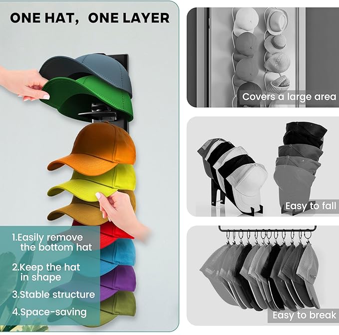 2Pack Hat Organizer for Baseball Cap with Locking Tech, Hat Rack Strong Adhesive Hat Hooks for Wall Hold Up to 20 Hats, Multi-layer Hat Storage Display for Door, Bedroom, Closet - Black