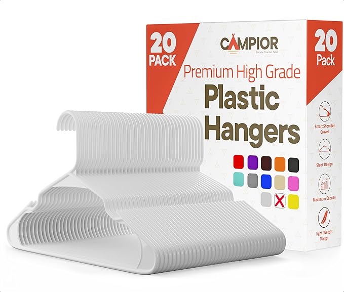 White Plastic Hangers 20 Pack– Heavy-Duty Plastic Hangers Slim and Space-Saving, Durable and Lightweight PP with Non-Slip Shoulder Notches for Slip Dresses, Suits, Jackets & Camisoles