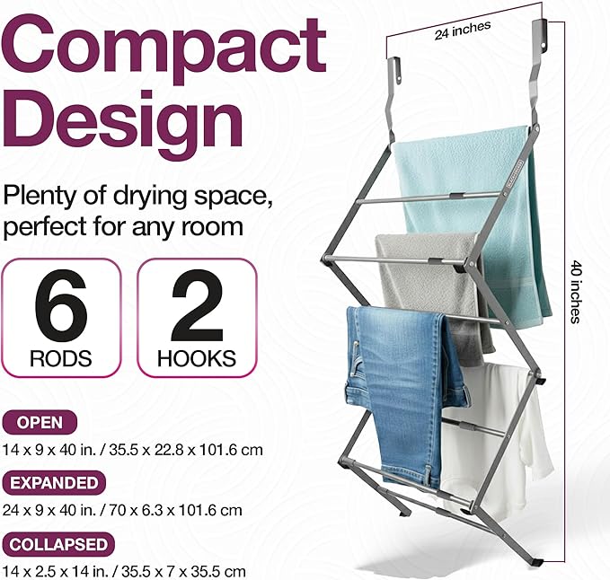 BLACK+DECKER Over The Door Expandable Telescopic Drying Rack, Clothes Organizer, Towel Hanger, Laundry, Collapsible, Gray