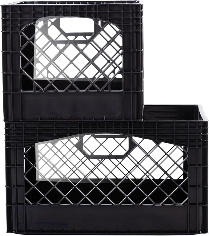 Plastic Milk Crate Storage Tote with Handles, 16-Quart Stackable Cube Organizer for Garage, Home, and Office, Made in the USA, 13" x 13" x 11" (2-Pack) - Black