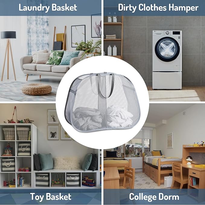 Seiritex Mesh Popup Laundry Hamper 2 Compartment, Collapsible Laundry Sorter Basket Foldable Hamper for Clothes, College Dorm, Travel (Gray)