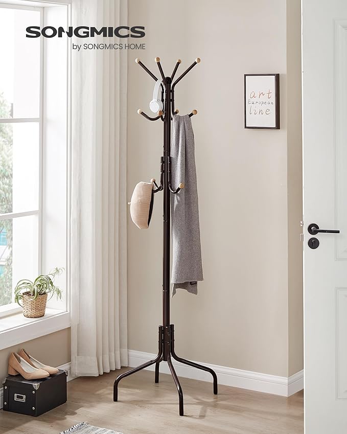 SONGMICS Coat Rack Freestanding, Metal Coat Rack Stand with 12 Hooks and 4 Legs, Holds Clothes, Hats, and Bags, for Entryway, Living Room, Bedroom, Brown URCR031Z01