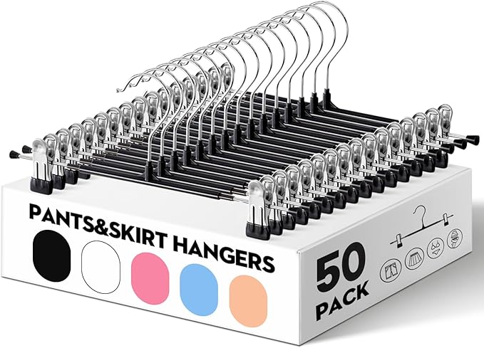 HUADYMEET 50 Pack 12Inch Pants Hangers with Clips,Metal Trouser Hanger for Jeans.Space Saving Skirt Hangers Heavy Duty Non-Slip Adjustable Clothes Shorts Hanger for Women,Men,Black