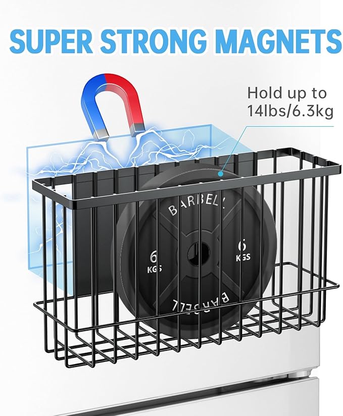NiHome Magnetic Metal Basket Organizers, 2PCS Medium & Small, Versatile Storage for Kitchen & Office Holds Up to 14 lbs, Easy Attach to Refrigerator or Any Magnetic Surface(Black)