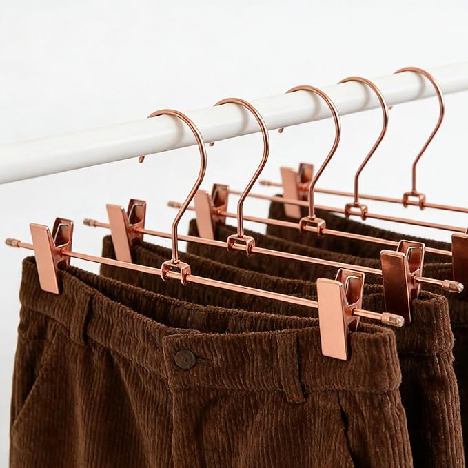 13.8" Rose Gold Pants Clothes Hangers, 10 Pack Trouser Hangers with Clips Metal Trouser Clip Hangers,Heavy Duty Metal Wire Adjustable Clips Bottom Trousers Legging Organizer