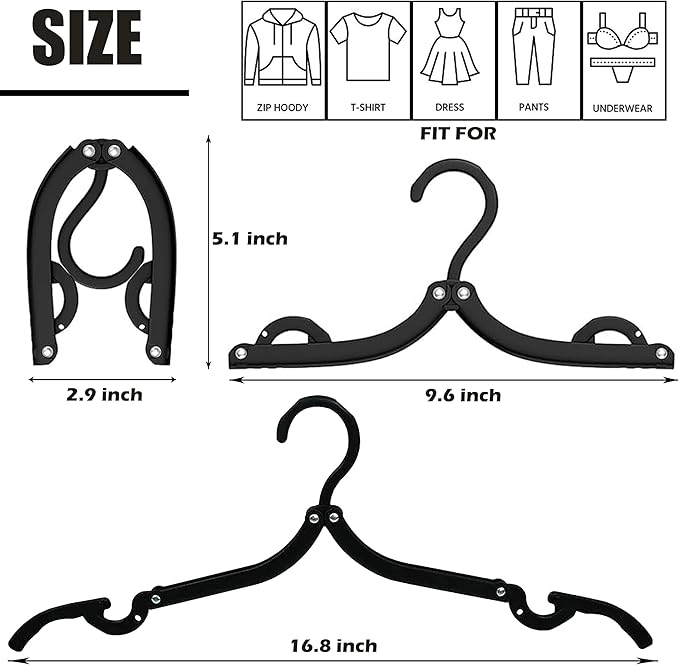 Foldable Travel Hangers Portable Plastic Folding Clothes Hangers Travel Accessories Drying Rack Folding Hangers for Traveling Camping RV Cruises Dormitory School Hotel (8, Black)