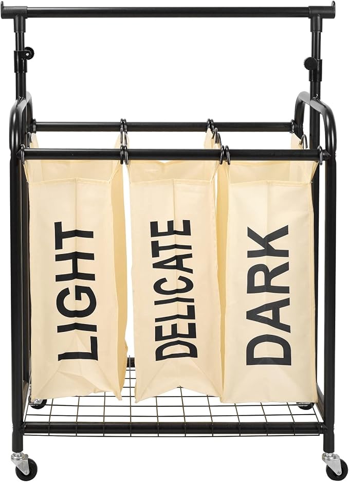 Oceanstar 3-Bag Rolling Laundry Sorter with Adjustable Hanging Bar, White