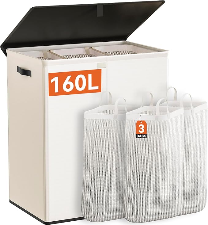 WOWLIVE Laundry Hamper with Lid,160L Large Laundry Basket 3 Section with Removable Washing Bags,Collapsible Waterproof Dirty Clothes Hamper for Laundry Room Bathroom Dorm,Beige