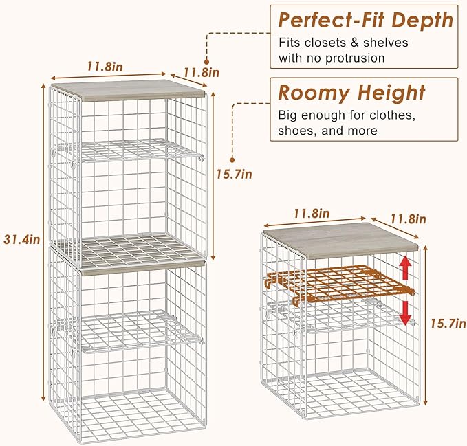 4-Tier Stackable Closet Organizers and Storage, Adjustable Dividers & Wood Top Storage Shelves for Clothes, Wardrobe & Closet Storage Basket Bins/Cube, Space-Saving Closet Organizer System, White