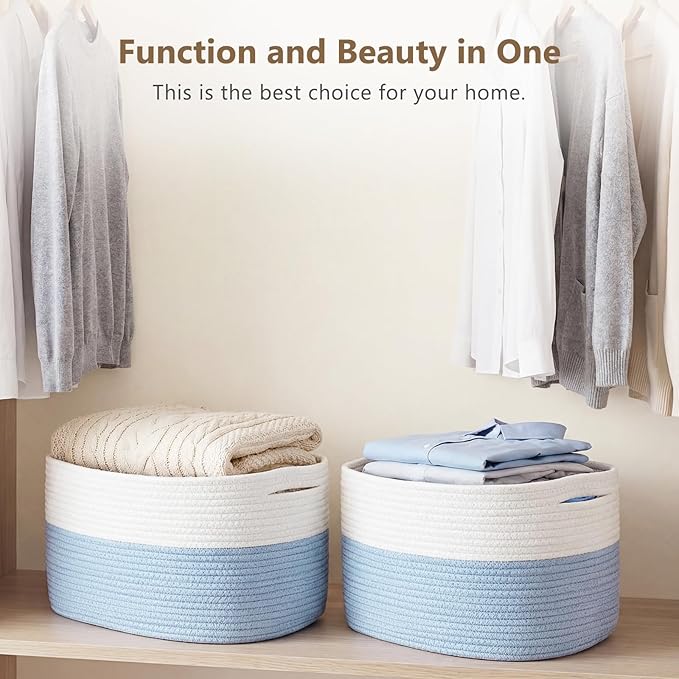 Cotton Rope Storage Basket, 15x10x9 Inches, Woven Basket for Shelves, Clothes, Towels, Books, and Laundry, White Blue (2 Pack)