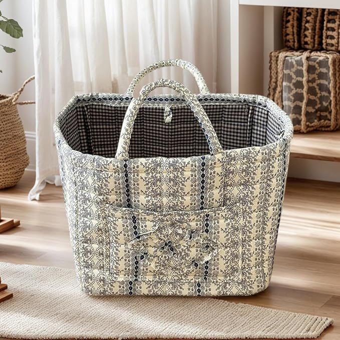 Floral Fabric Storage Basket Car Interior Storage Basket Underwear Sundries Laundry Baskets Supplies Home Organizer Bag (Lace Blue)