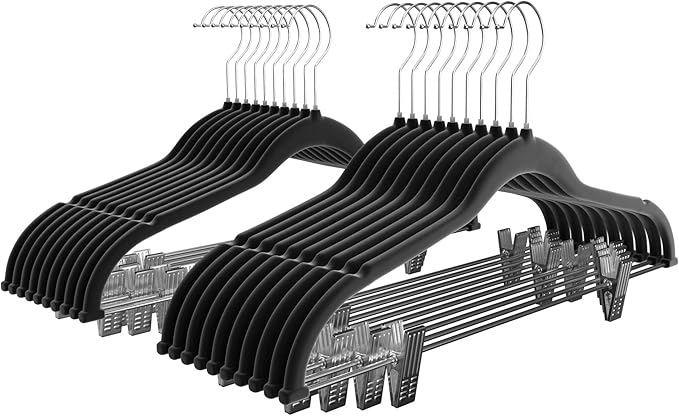 VECELO 20 Pack Black Velvet Clothes Hangers with Adjustable Clips,Heavy-Duty Non Slip & Space-Saving with 1 Magic Hangers and 2 Tie Rack for Suit Coat Pants Skirt Dresses
