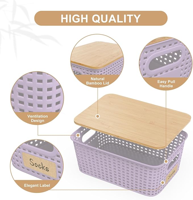 6Pcs Storage Bins with Lids, Stackable Plastic Storage Basket with Bamboo Lid, Pantry Organizer Box Small Containers for Organizing Shelves Drawer Desktop Closet Cabinet Office Classroom 10x7.1x4.1in