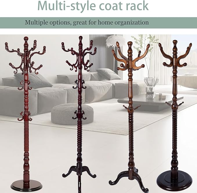 Coat Rack Freestanding,Solid Wooden Coat Rack Stand with 3 Height Options,14 Hooks, Natural Birch Coat Tree Easy to assemble for Clothes Jacket Hat bag Entryway (mahogany) (retro round)