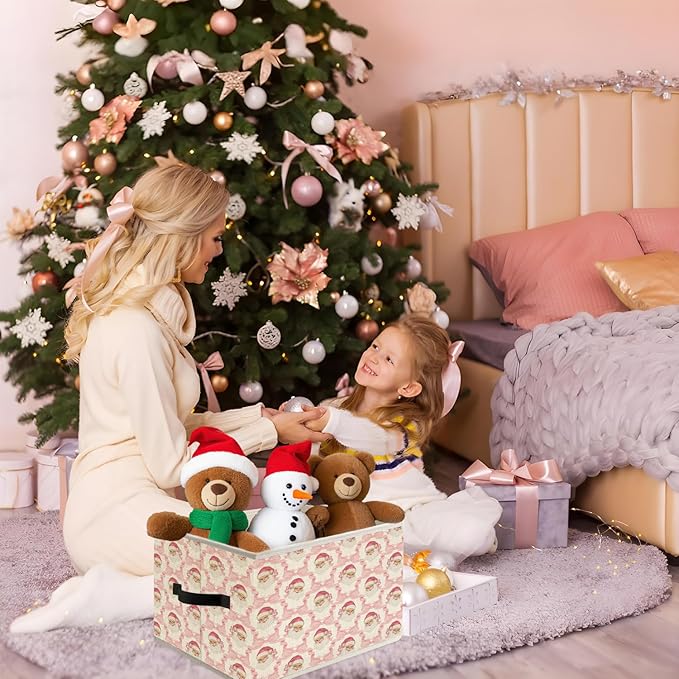 Pink Coquette Bow Santa Christmas Storage Bin Box with Handles, Preppy Grandmillennial Holiday Christmas Foldable Organizer Basket Toybox for Girls Room Bedroom Bathroom Clothes Toys Books