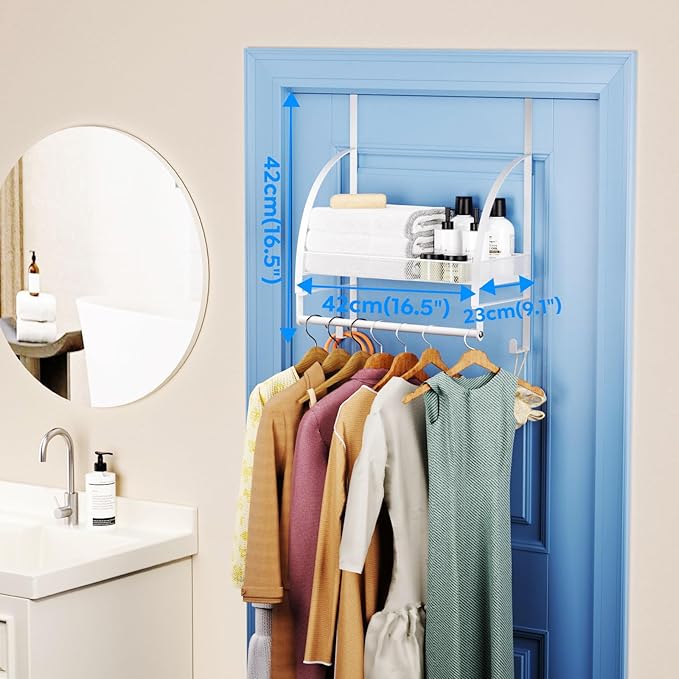 Over The Door Clothes Hanger Drying Rack, Over Door Drying Rack with Storage Basket and Hooks for Hanging Towels, Coats & Clothes, Door Hanger Organizer for Bathroom Laundry Dorms Washroom (White)