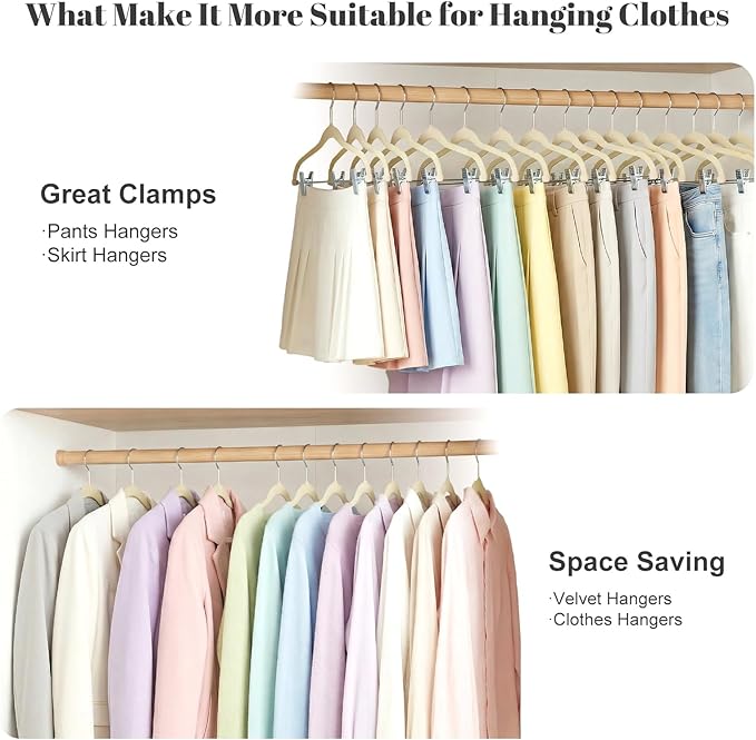 HOUSE DAY Velvet Skirt Hangers 36 Pack, Beige Velvet Pant Hangers with Adjustable Clips, Space Saving Slim Shorts Hanger, Heavy Duty Non Slip Clip Hanger for Pants, Skirts, Shorts