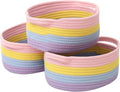 Woven Basket,Small Rope Storage Bin with Handles & Ribbon Bag, Organizer for Shelves Closets,Gift Basket Empty for Birthday,Books,Dog Toys, Rainbow/3 Pack