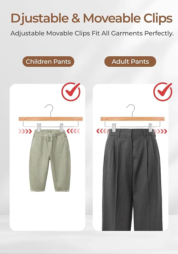 SMARTOR Natural Wooden Pants Hangers 10 Pack, Heavy Duty Wood Skirt Hangers with 2-Adjustable Clips and 360° Swivel Hook, Space Saving Clip Hanger for Shorts, Slacks, Jeans, Trousers