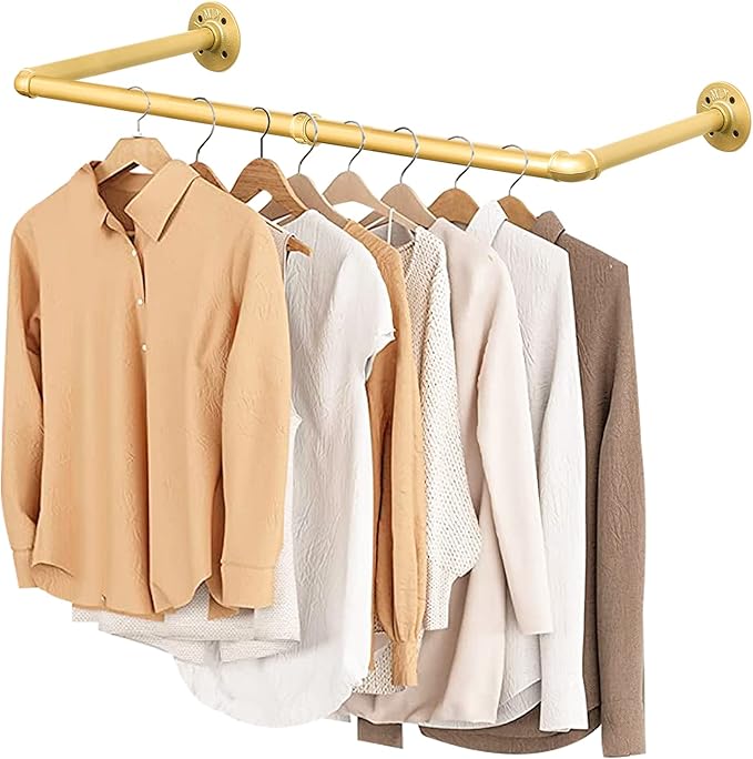 48” Gold Wall Mounted Clothes Rack, Industrial Pipe Iron Garment Bar, Heavy-Duty Detachable Clothing Rod, Multi-Purpose Metal Wall display Hanging Pole for Closet Storage, Laundry Room 2 Base