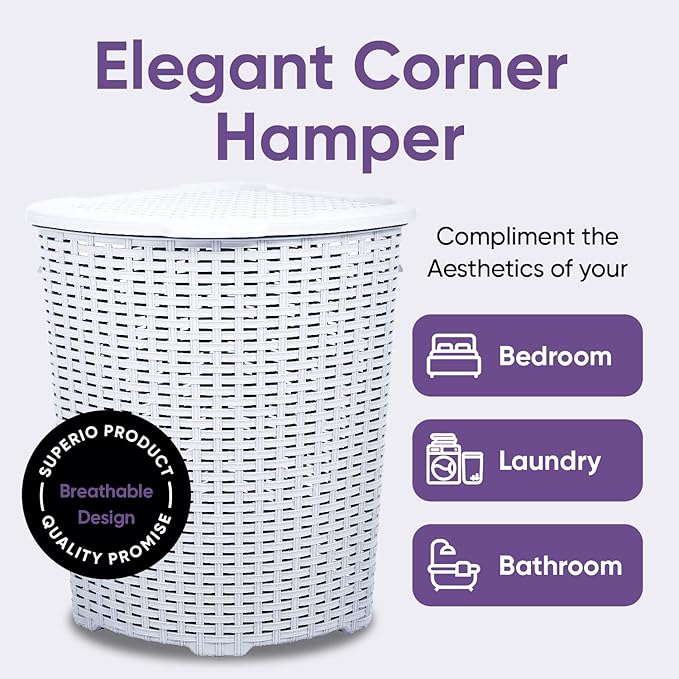 Plastic Corner Laundry Hamper with Lid, Curved Designed Laundry Basket, 2 Pack Triangle White Cloths Hamper Organizer with Cut-out Handles for Laundry Room Bedroom Bathroom, Wicker Design, 50 Liter