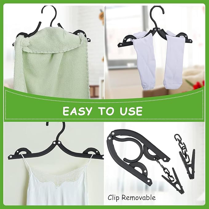 24 PCS Travel Hangers,Portable Folding Clothes Hanger,Travel Accessories Foldable Travel Hangers with Clips,Foldable Clothes Drying Rack for Travel,Black Plastic Non Slip Clothing Hangers