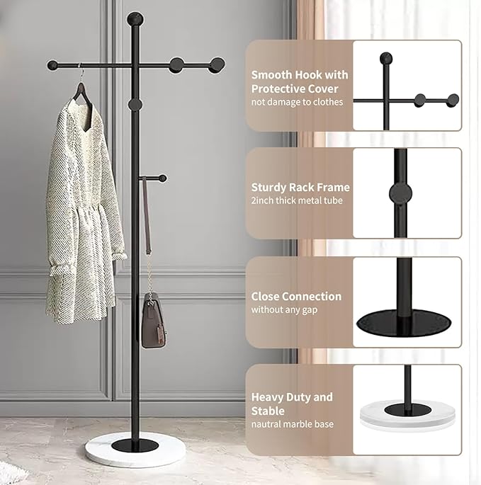 Modern Metal Coat Rack Stand, Heavy Duty T-shaped Coat Rack Freestanding with Natural Marble Base, 8 Hooks, Ideal for Bedroom, Entryway, Hallway, Office, Gifts for Women, for Mom, for Men (Black)